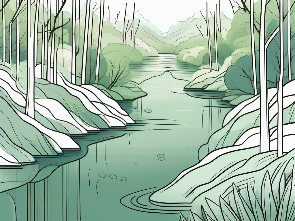 A serene river flowing smoothly through a lush forest