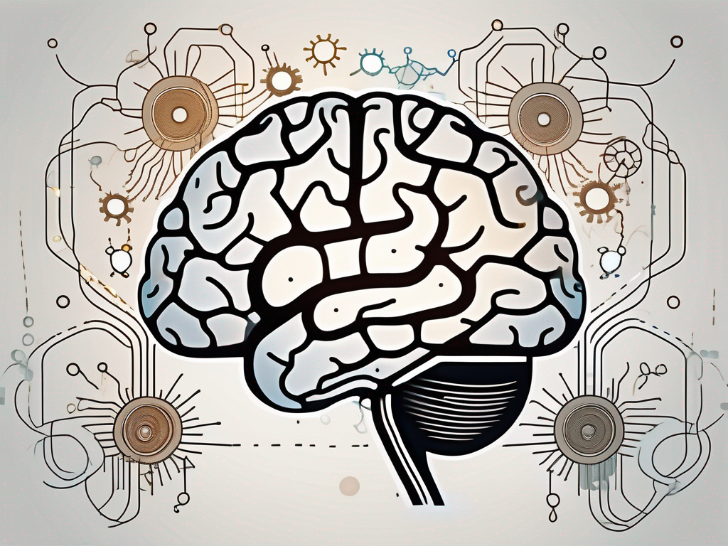 A human brain with various abstract elements like gears