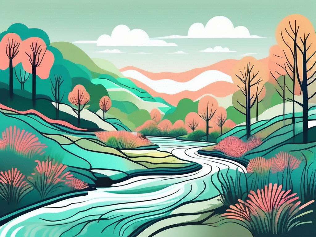 A serene river flowing smoothly through a vibrant