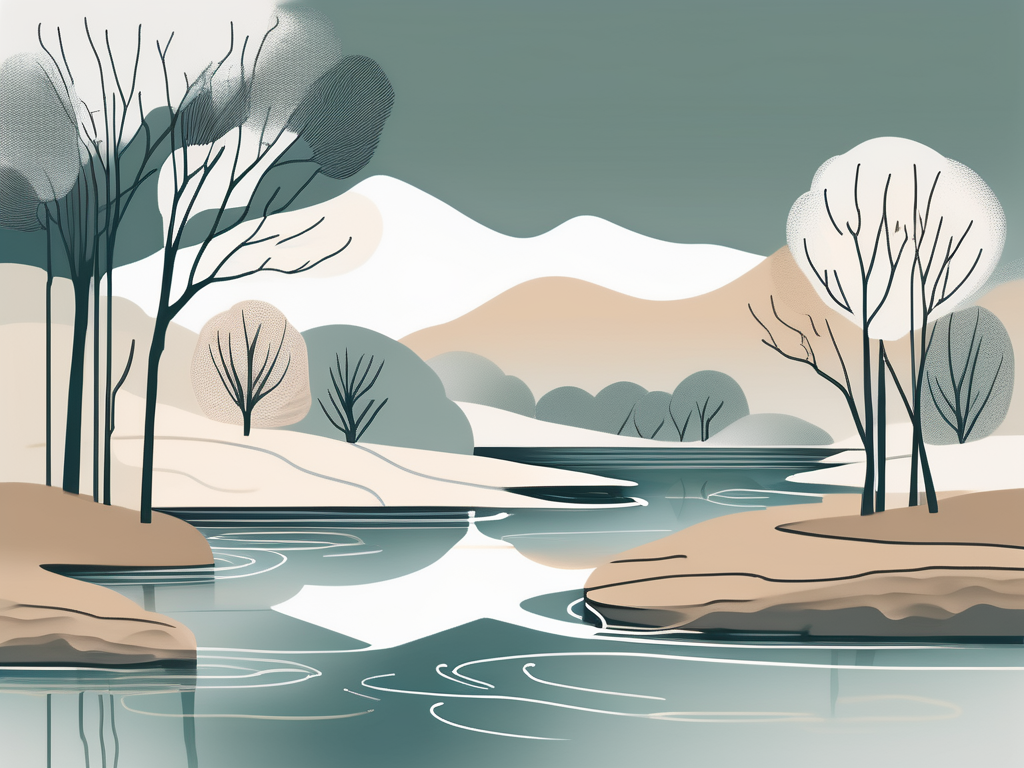 A serene landscape with a river flowing gently through it