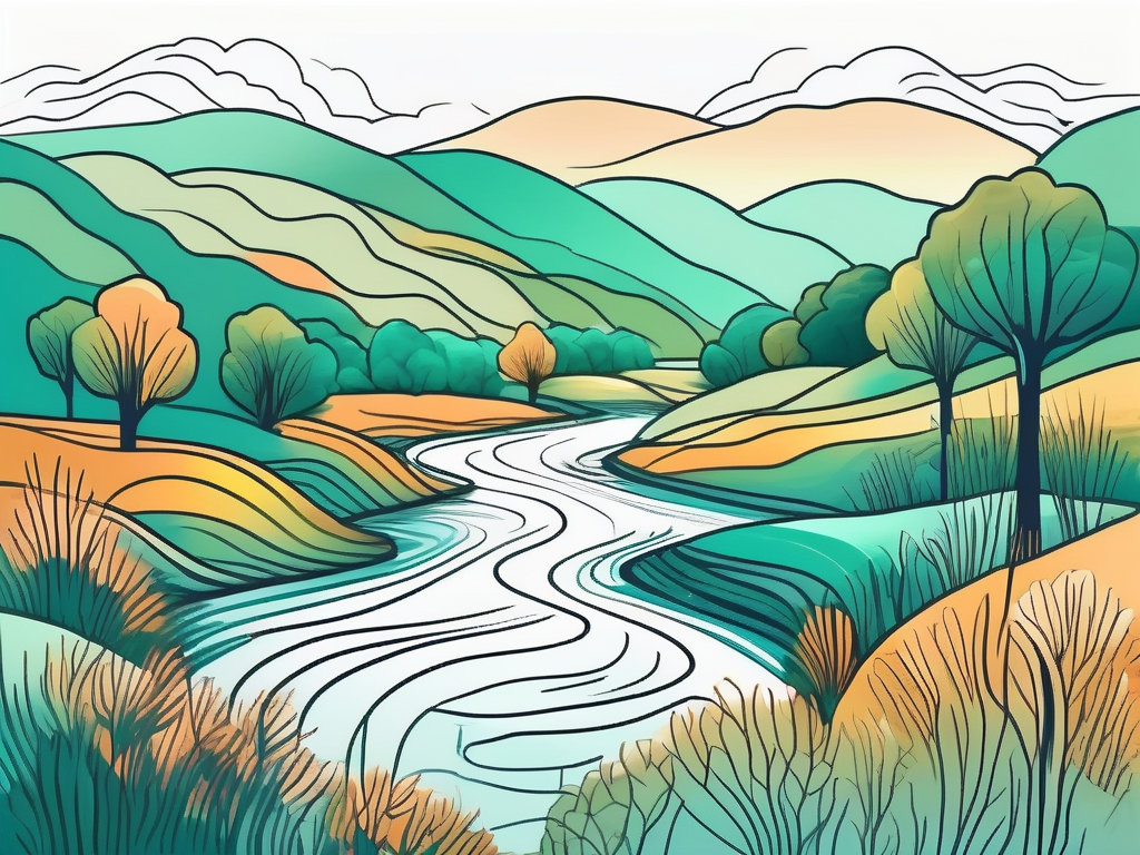 A tranquil river smoothly flowing through a vibrant