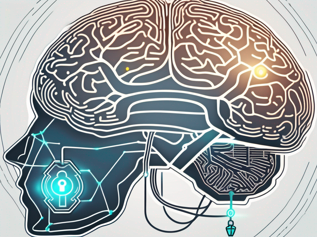 A brain with glowing neural pathways intertwined with a symbolic lock and key