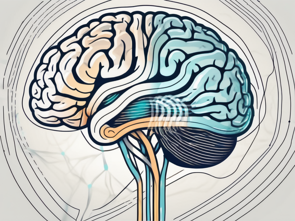 A brain with highlighted areas connected to a stylized inner ear