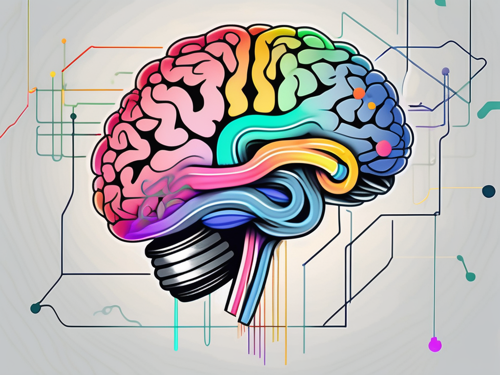 A brain with highlighted olfactory nerve connected to a swirl of vibrant colors and symbols representing various scents